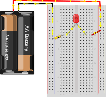 Breadboard diagram of a battery pack and LED wired to a breadboard