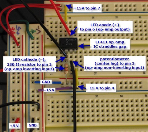 Top-down view of a completed breadboard circuit for a variable current LED