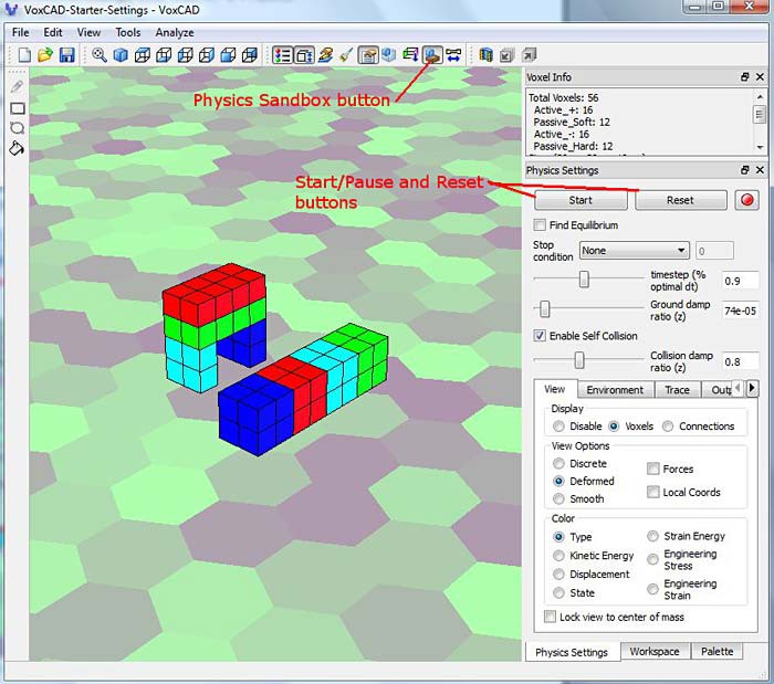 Screenshot of the physics sandbox in the program VoxCAD