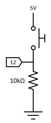 Circuit diagram for button showing connection between Arduino pin 12 and 5V, with a 10K pull-down resistor to ground 