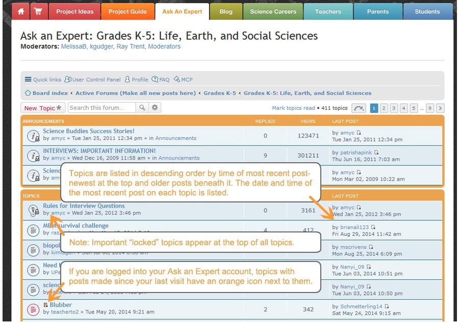 Screenshot of subject specific posts on the Ask an Expert Grades K-5 forum on the website ScienceBuddies.org