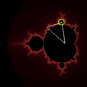 Diagram of a right triangle drawn over a fractal from a Mandelbrot set