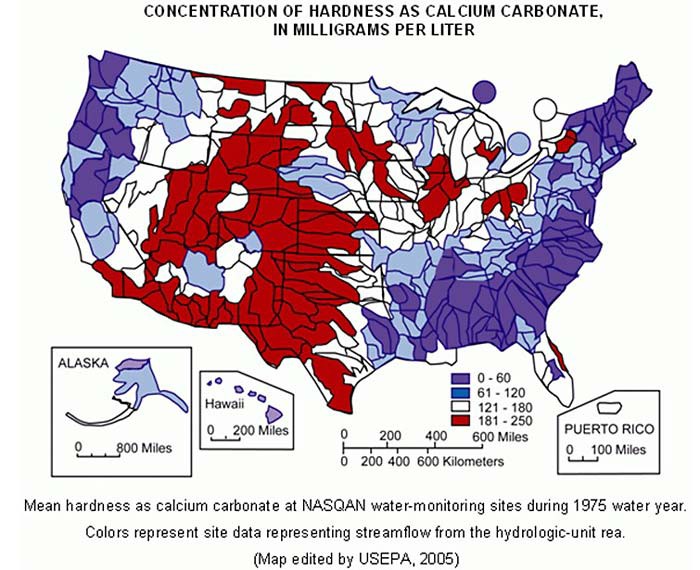 Map of the United States color coded to show groundwater hardness from collection stations across the entire country