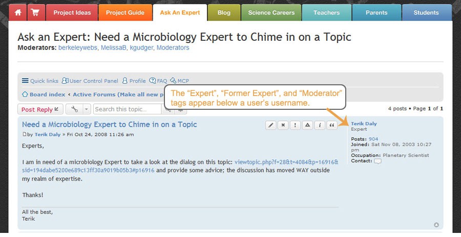 Screenshot of an expert posting on the Ask an Expert forum on the website ScienceBuddies.org