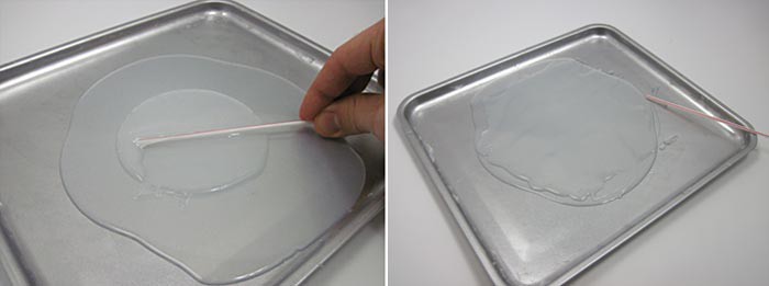 Two photos show a thin layer of uncured silicon spread over a larger sheet of cured silicon in a baking sheet