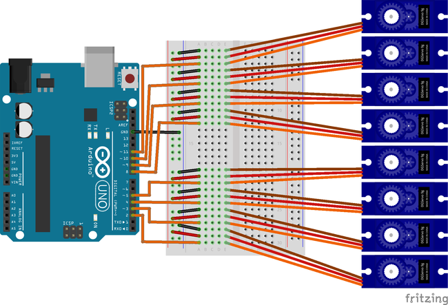 Breadboard diagram showing servo motor connections to Arduino 