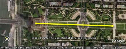 A yellow line is drawn over a satellite image of the Eiffel Tower