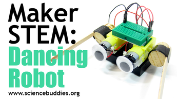 Makerspace STEM: Flippy the dancing robot made from a breadboard, motors, craft sticks, battery pack, circuit components, and and corks