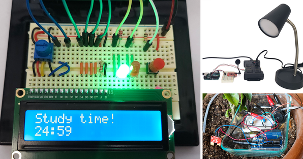 Three projects that use the Electronics Kit for Arduino, pomodoro timer, smart lamp, and watering circuit
