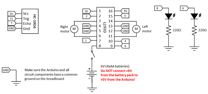 Circuit diagram for connecting the motors, ultrasonic sensor, and LEDs to the Arduino to build a self-driving robot car 