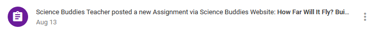 Cropped screenshot of a notification for a new assignment in Google Classroom