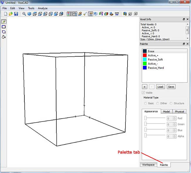 Screenshot of the palette tab in the program VoxCAD