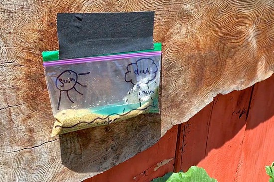  A plastic bag filled with water, sand, and a small rock is taped to a fence outdoors in the sun.