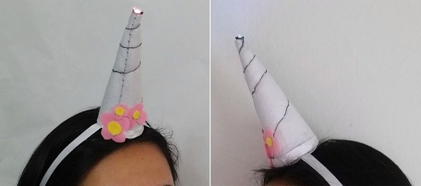 Front image of unicorn horn with LED on. Side image of unicorn horn with LED off.