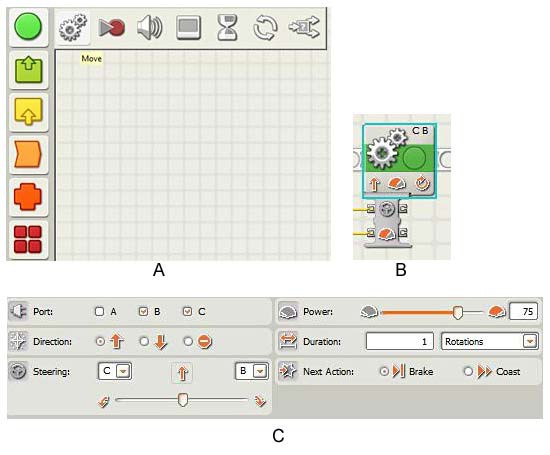 A move block is selected in the LEGO NXT-G program and options for the block are displayed