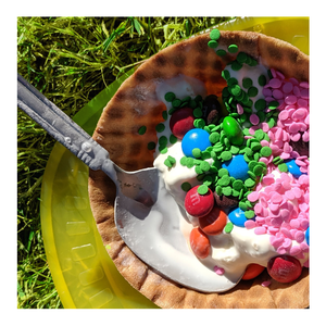 A bowl of ice cream made in a plastic bag with colorful toppings - Willy Wonka-inspired Make-Believe STEM Science Experiments