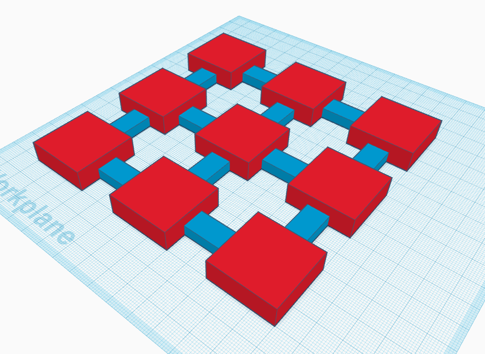 A Tinkercad screenshot shows a 3x3 grid of square blocks connected by thinner rectangular sections.