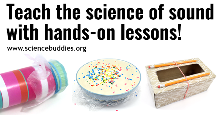 Cardboard tube kazoo, bowl covered in plastic wrap with sprinkles on top, and rubber band guitar from recycled box to represent collection of STEM lessons and activities to teach about sound