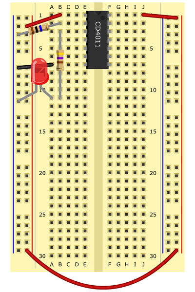 Jumper wire to connect left and right (+) buses. 