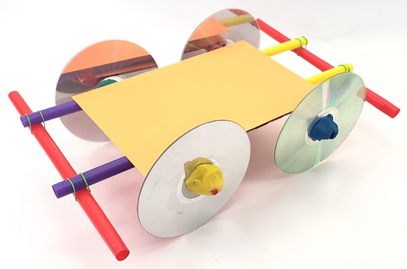 A car made from CDs, cardboard and plastic straws