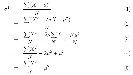 Five steps show how the equation for variance is simplified by multiplying out exponents
