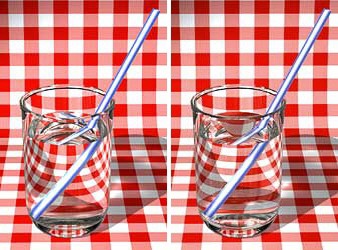 Two beakers filled with a clear liquid and straw are photographed against a checker board background