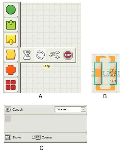 A loop is selected in the LEGO NXT-G program and options for the loop are displayed