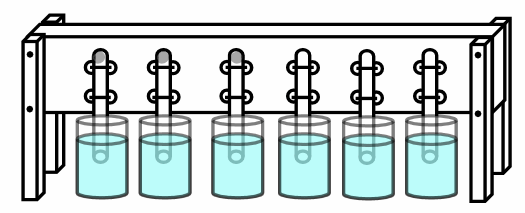 Drawing of six test tubes attached to a wooden frame held upside-down in a beaker of water