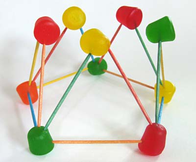 Five triangles built using gumdrops and toothpicks are connected in a circle by the corners of their base