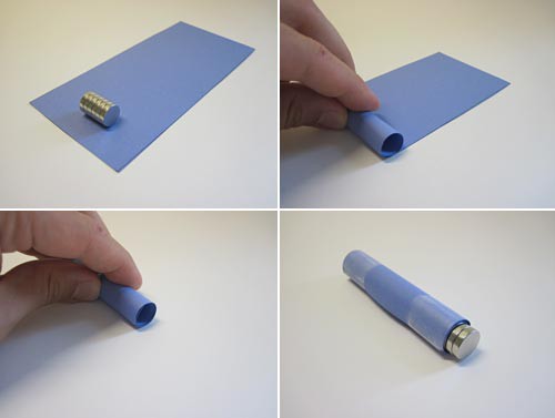 Four photos show a strip of paper being rolled around a stack of circular magnets