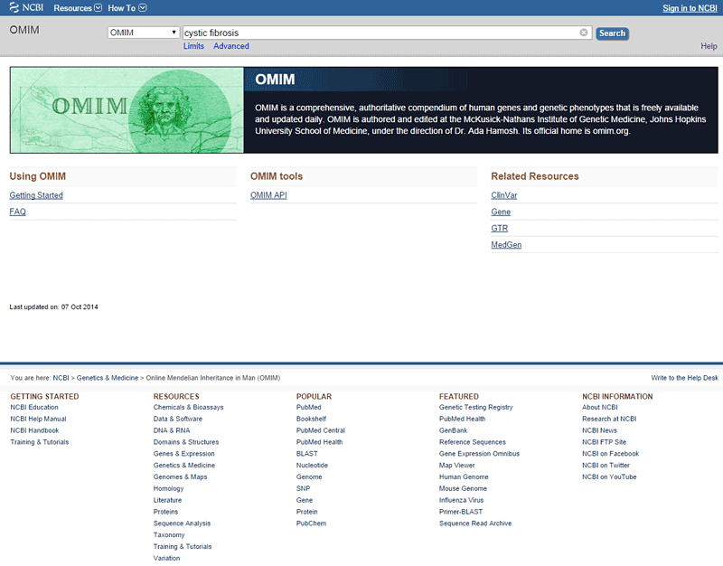 Screenshot of the homepage on the website ncbi.nlm.nih.gov/omim