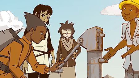 Four animated characters gathered around a water pump from the webseries Global Problem Solvers: The Series made by Cisco