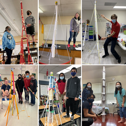 A collage of a students and some of the very tall paper towers they built during the 2021 Fluor Engineering Challenge. 