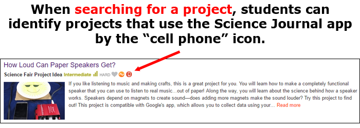 Cropped screenshot of a cell phone icon in the heading of a listed Science Buddies project