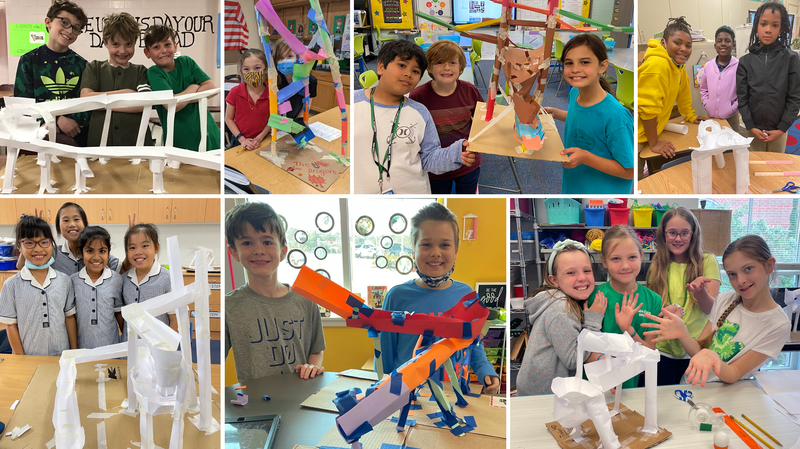 A collage of elementary school age students and the paper ball runs they built for the 2022  Engineering Challenge. 