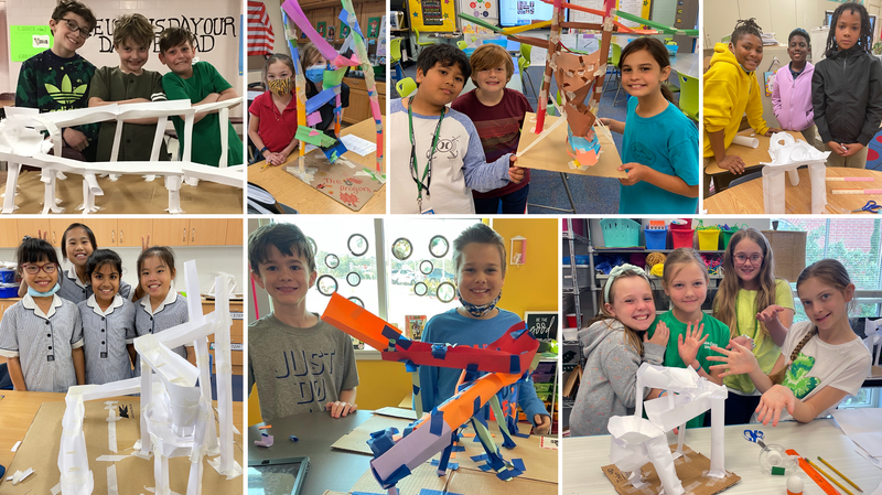 A collage of elementary school age students and the paper ball runs they built for the 2022 Engineering Challenge.