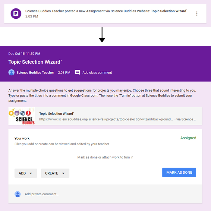 Cropped screenshot of a link to Science Buddies Topic Selection Wizard in a Google Classroom assignment