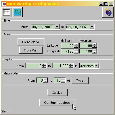 Screenshot of the noteworthy earthquakes dialog box in the program Global Earthquake Explorers