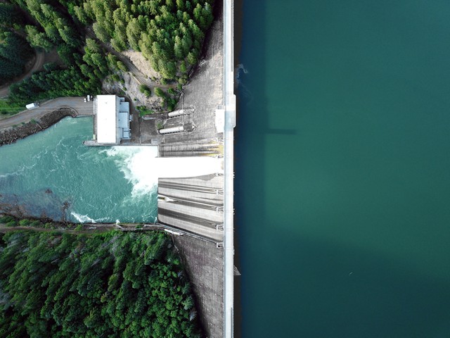 water gate open, aerial view