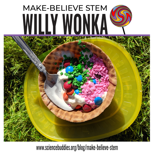 Colorful bowl of ice cream made in a bag and topped with candies - part of Willy Wonka-inspired Make-Believe STEM Science Experiments