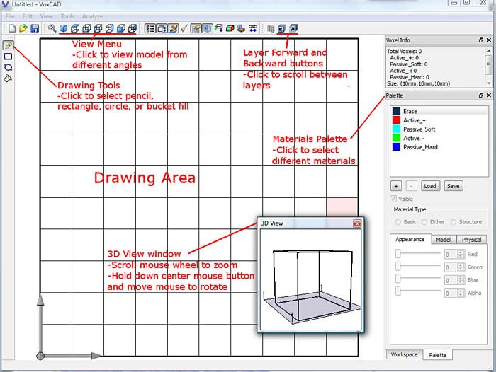 Menu, toolbar and materials options in the program VoxCAD