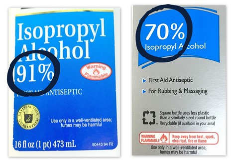 Illustration of Isopropyl Alcohol labels with the alcohol concentration circled. 