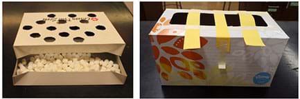 Two photographs. A cardboard gift box filled with mini marshmallows and holes cut out of the lid. An empty cardboard tissue dispenser box with strips of paper taped across the top opening.