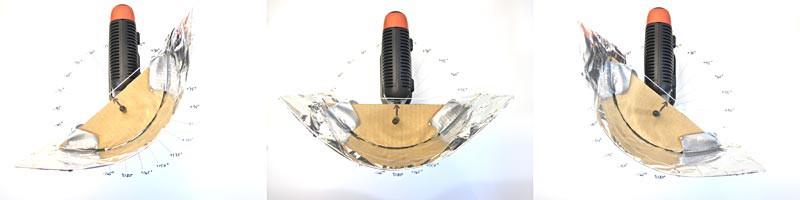 A parabolic reflector behind a wireless router is angled perpendicularly and forty-five degrees to the left and right