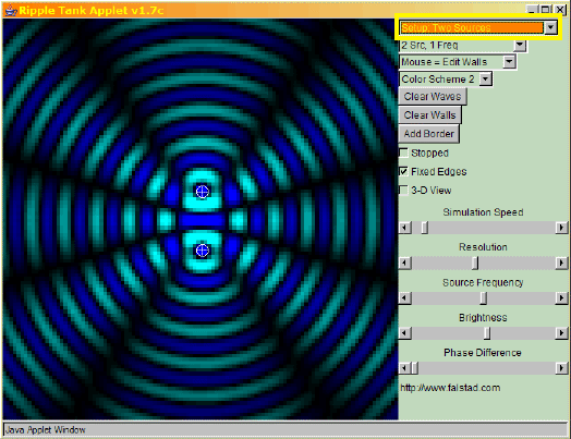Screenshot of two interfering waves in the applet Ripple Tank