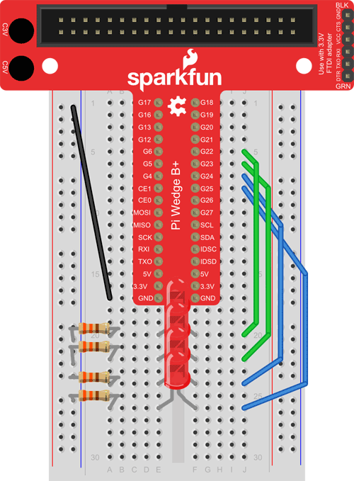 Breadboard diagram of a Pi Wedge and four LEDs wired to a breadboard
