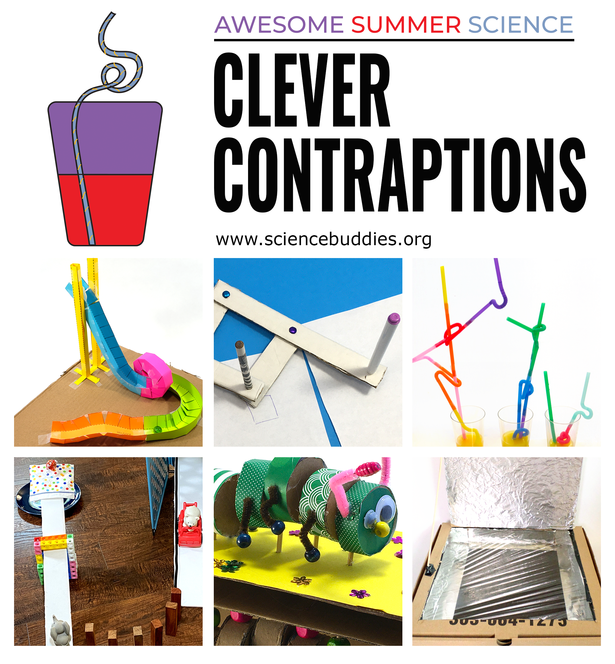 Rube Goldberg machine, caterpillar automaton, pantograph drawing tool, long straw, solar pizza oven Clever Contraptions Week 6 - part of Awesome Summer Science Experiments series