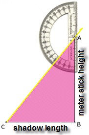 A protractor is used to measure the sun's angle using the length of the meter stick and the length of the shadow