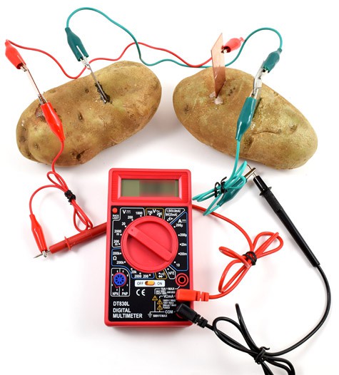 Two potatoes each with zinc and copper electrodes are wired in parallel with a  multimeter