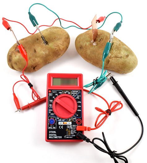 Two potatoes each with zinc and copper electrodes are wired in parallel with a multimeter